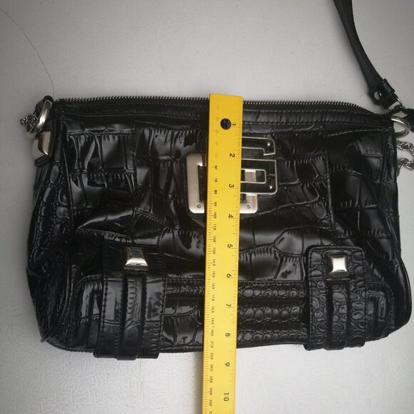Guess Ladies Black Faux Leather Zipper Closure Chain Straps Hand/Shoulder Bag - Picture 9 of 10